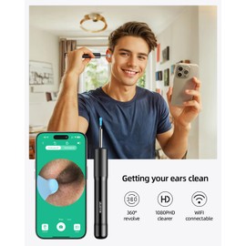 Ear Wax Removal Tool Camera, E-3 Upgraded Smart 1080P Ear Camera Wax Removal, 6LED Lights and 8 Ear Picks, Ear Wax Removal Camera That Turns on by Turning with Multiple Ear Wax Cleaning Tools（Black）