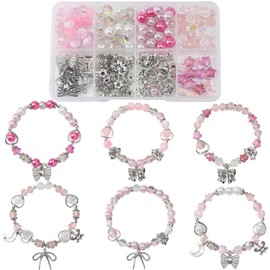 SUNNYCLUE 1 Box 273Pcs DIY 6 Sets Bracelet Making Kits Pink Bow Bead Bowknot Charm Romantic Love Kawaii Butterfly Moon Charms Star Glass Loose Spacer Beads for Jewelry Making Kits Adult Women Gifts