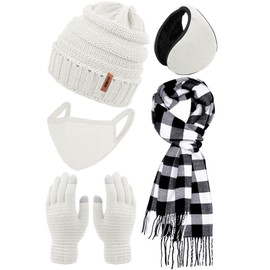 Aneco Winter Warm Sets Buffalo Plaid Scarf Knitted Beanie Hat Gloves Earloop Warm Cover for Men and Women