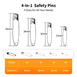Officepal Premium Quality 4-Size Pack of Safety Pins- Top 140-Count – Durable, Rust-Resistant Nickel Plated Steel Set- Best Sewing Accessories Kit for Baby Clothing, Crafts, Arts (4-Size L)