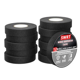 SWRT Wire Harness Tape, 3/4 Inch × 50 Feet, 12 Packs (600 Feet Total), Self-Adhesive Black Cloth Electrical Tape for Automotive Use, High Temperature Resistance Felt Tape.