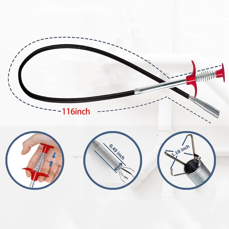 Drain Snake,116 inch Flexible Grabber Claw Pick Up Reacher Tool,Drain