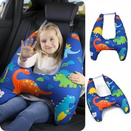 eaonitu Travel Pillow Car Cushion for Kids 6 Years Old+ Shoulder Neck Back Support & Seat Belt Comfort, Road Trip Cozy Sleeping Gift for Young Travelers, Parents, Families, Baby Shower (Dinosaur Blue)