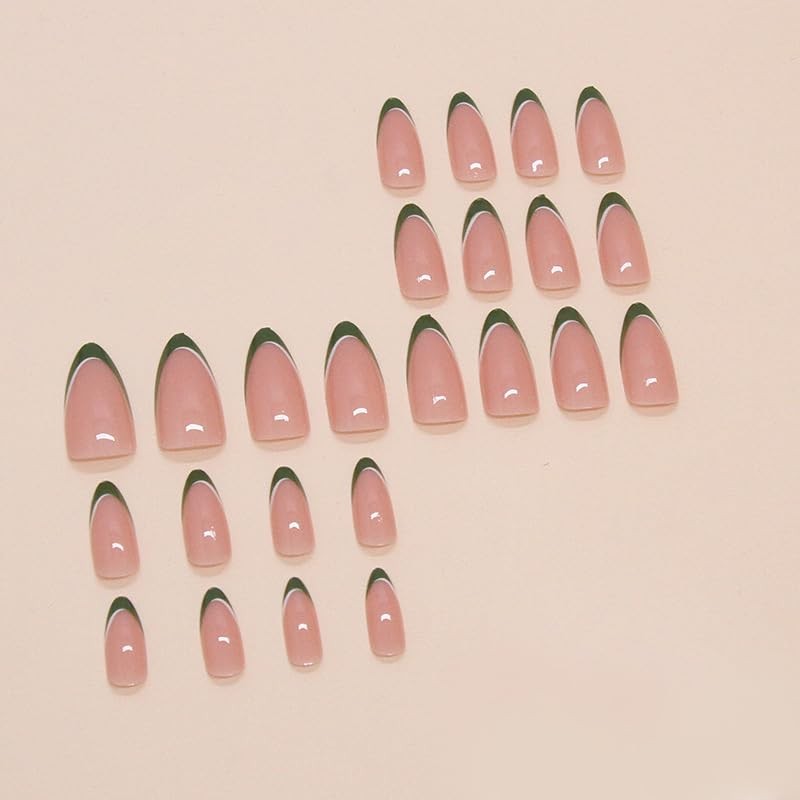 24Pcs French Tips False Nails Short, Almond Nude Green Fake