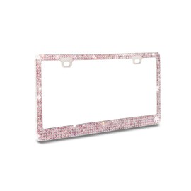 Premium 6 Rows PINK(C-Type Screw Cap) Real Crystal Rhinestone Embedded -Metal Chrome License Plate Frame