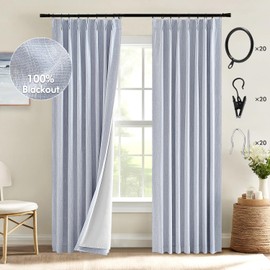 MIULEE Chambray Blue Pinch Pleated 100% Blackout Linen Curtains 108 Inch Long 2 Panels Set, Pleat Curtain with Pin Hooks, Black Out Light Blocking Room Darkening Drape for Bedroom Living Room Window
