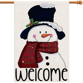 Welcome Christmas House Flag 28x40 Inch Double Sided Burlap Snowman Sign Winter Yard Outdoor Decoration DF123-28