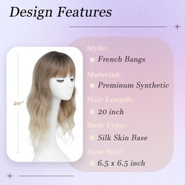 Hair Toppers for Women, 20 Inch Long Curly Wavy Hair Topper 360° 3D French Clip in Bangs (Ombre Highlights Brown with Dark Root2, French Bangs)