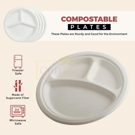 CHEF ROYALE 5 x Disposable Bagasse Sugarcane Plates, 3CP Large White Bagasse Plates for Everyday Use, 3 Compartment Food Tray Eco-Friendly, Biodegradable and Compostable, Ideal for Picnics (5, White)