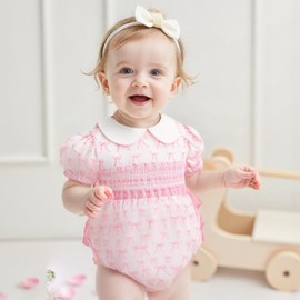 mlpeerw Newborn Baby Girl Summer Clothes Smocked Bubble Romper Short Sleeve Peter Pan Collar Bodysuit Cute Baby Girl Clothes (B Bownot-Pink, 6-12 Months)