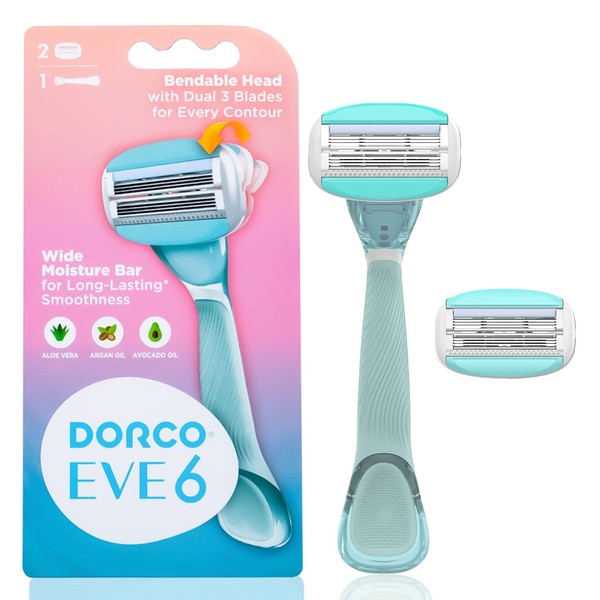 Dorco EVE6 Razors for Women for Extra Smooth Shaving (1 Razor Handle, 2 Pcs Razor Blade Refills), 6 Curved Blades with Flexible Moisture Bar, Womens Razors for Shaving with Aloe Vera Moisture Bar, Interchangeable Cartridge for Sensitive Skin, Mothers Day Gift