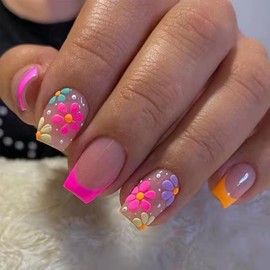 Acrylic Press on Nails Medium Square Fake Nails RUPOFUZA Red French Tip False Nails with Multicolor Flower Relief Press ons Designs Nails Press on Artificial Nails Stick on Nails for Women 24Pcs