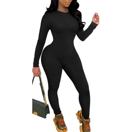 GOBLES Women's Sexy One piece Outfits Long Sleeve Back Zipper Bodycon Jumpsuit Rompers Black