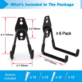 Suprom 6 Pack Garage Hooks Heavy Duty, 4.9 inch Utility Steel Garage Hanger & Organizer for Organizing Garden Lawn Tools, Ladders, Garden Hose, Digging Shovel, Bikes, Ropes