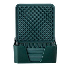 Colinda Silicone Drink Coasters with Holder, Set of 6, for Tabletop Protection and Office Desk, Cup Mat Set for Home Decor, Non-Slip and Non-Stick,Square, 4 Inch,Malachite Green