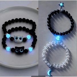 4Pcs Cute cat with Sun and Moon Glow in the Dark Lover Bracelets BFF Bracelets - Metal Color: Cat, Ships From: United States