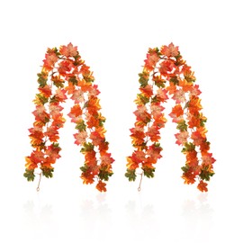 Pack of 2 Autumn Leaves Garland, Decorative Artificial Plants, Autumn Home Decoration, Autumn Hanging Plant Garland, Suitable for Home, Wall, Door, Fireplace Decoration (175 cm)