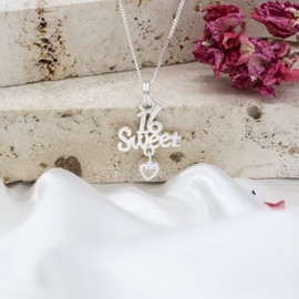 Tuscany Silver White Cubic Zirconia Sweet Sixteen Pendant on Adjustable Curb Chain Necklace of 41-46 cm/16-18 Inches