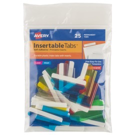 Avery Insertable Self-Adhesive Tabs with Printable Inserts, 1-1/2", Permanent Adhesive, Assorted (Blue, Clear, Green, Red and Yellow), Pack of 25 Index Tabs (16228)