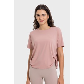 altiland Drawstring Side Ruched Workout T Shirt for Woman, Quick Dry Athletic Tee Yoga Exercise Running Tops Loose Fit (Misty Rose, S)