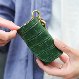 VINCENT CRAFTED Made in Japan Tochigi Leather Paisley Carabiner Key Case & Coin Purse PAOLO Key Holder Women Smart Key Case Coin Purse Men's Key Ring, Exclusive Crocodile British Green