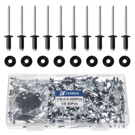 JTAREA 250pcs 1/8" x 1/4" Black Aluminum Pop Rivets with Stainless Steel Washers 3.2 x 6.4mm Blind Rivet Assortment Kit
