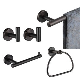 JQK Bathroom Hardware Set Oil Rubbed Bronze, 5-Piece Bath Accessories Set ORB Wall Mount includes 24 in Towel Bar, 7 in Towel Ring, Toilet Paper Holder, 2 Towel Hooks, BAS165-ORB