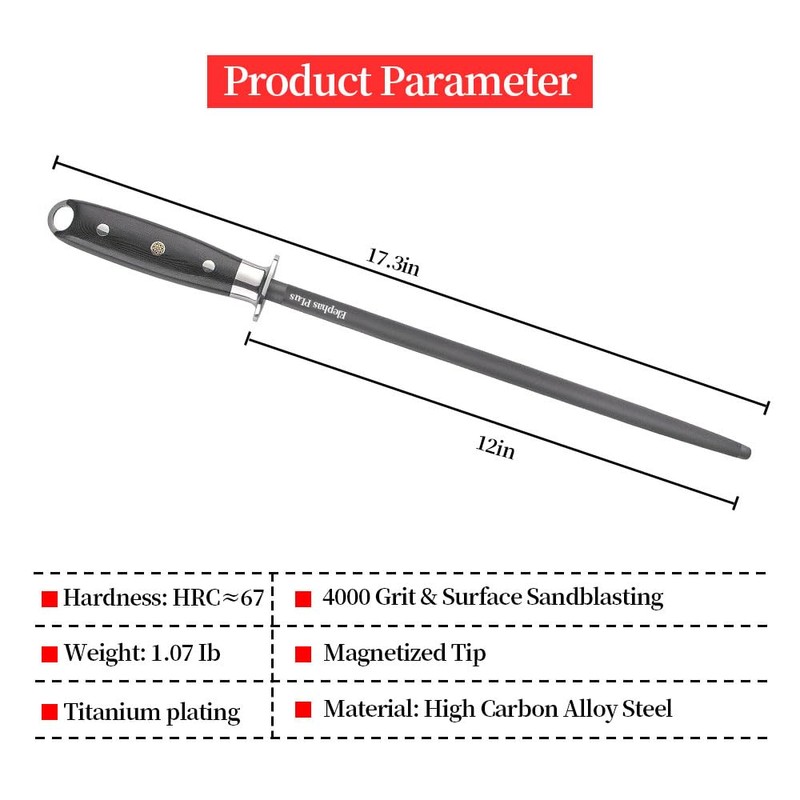 Elephas Plus 12 Inch Black Honing Rod, Sharpening Steel for