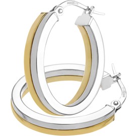 9ct White and Yellow Gold Earrings – Squared Edge Layered Hoop Women’s Earrings (17cm) - by Elegano
