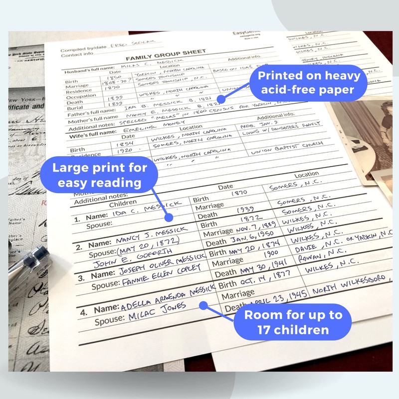 LARGE PRINT Two-Sided Family Group Sheets for Genealogists (7-pack) by