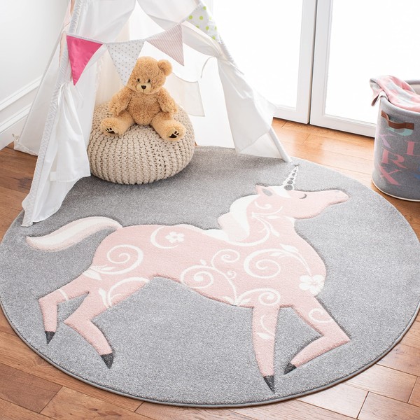 SAFAVIEH Carousel Kids Collection 5'3" Round Grey/Pink CRK163F Unicorn Non-Shedding Playroom Nursery Bedroom Area Rug