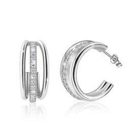 Silver Chunky Hoop Earrings for Women White Gold Half Hoop Earrings Thick Dainty Split CZ Huggie Earrings French Fashion Simple Hypoallergenic Jewelry Birthday Gifts for Her