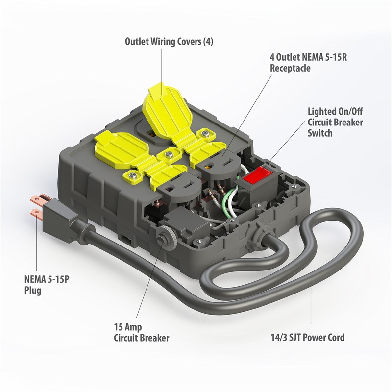 Tower Manufacturing C664502001-13 15 AMP 4-Outlet Circuit Breaker Power Box,