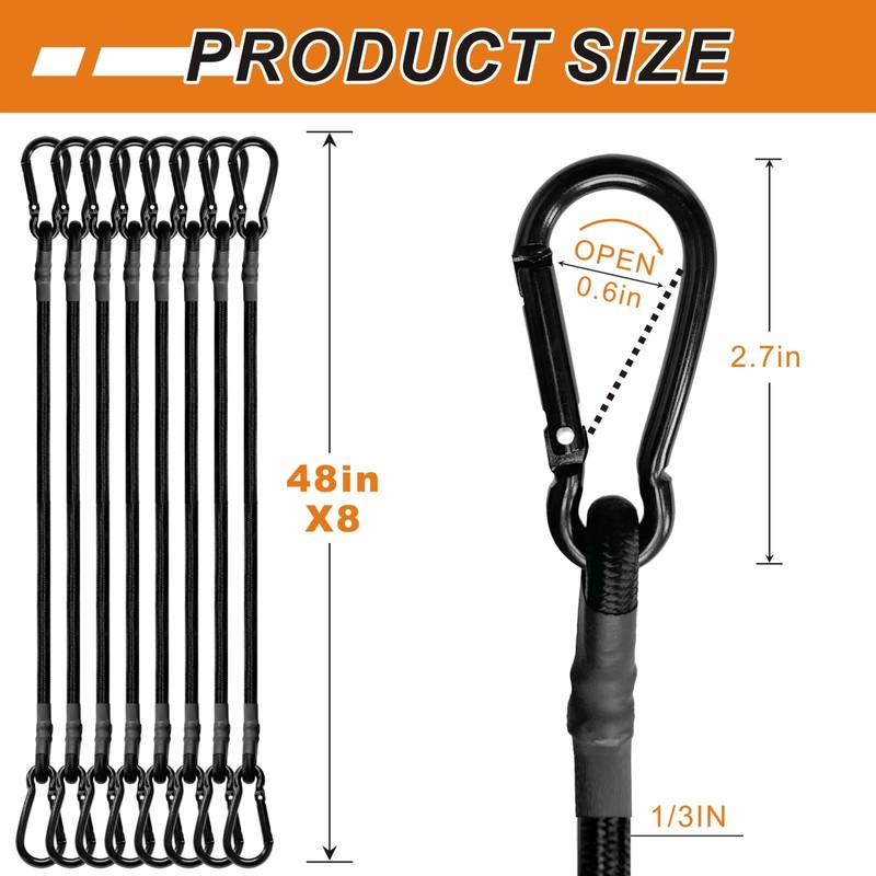 BEXSLE 8 Pcs 48in Bungee Cords with Carabiner Hooks Heavy