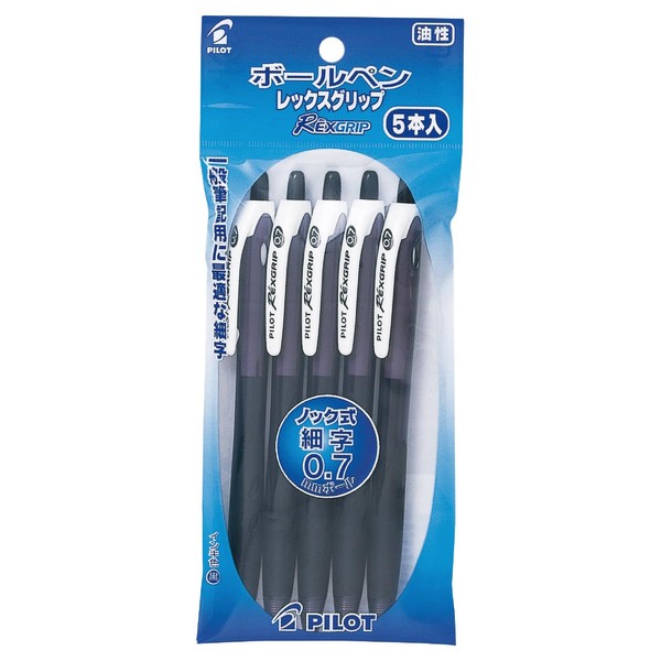 Pilot PBRG50F5BB Permanent Ballpoint Pens, Rex Grip, 0.7, Black, 5