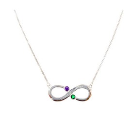 Infinity Necklace with 2 Names Engraved (Infinity) with 2 Coloured Month Crystals of Your Choice (Birthstone) / Necklace 40 cm in 925 Sterling Silver / for 2 Children's Names or Lovers, Silver,