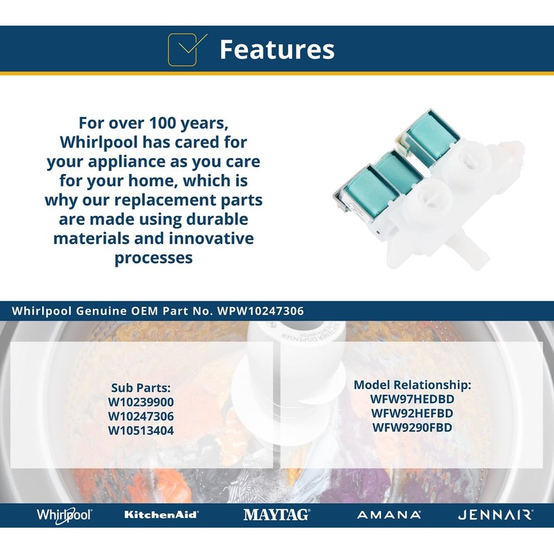 Whirlpool WPW10247306 OEM Washer Water Inlet Valve Assembly, White