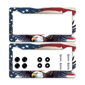 2Pcs American Flag Eagle License Plate Frame Patriotic Eagle License Plate Colorful Stainless Steel Rust-Proof Auto Parts Funny License Plate Cover Decoration with Screws Size 12.3 "x 6.3" Men Women