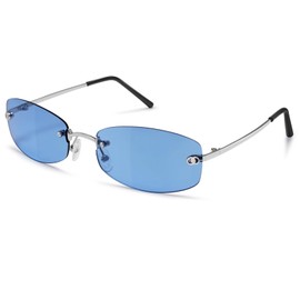 GIGIMOTTE Retro Rectangle Y2K Sunglasses for Women Rimless Vintage Shades Womens 90s Inspired Tinted Sun Glasses GM9607, Blue, Small