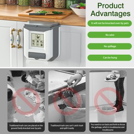 HI NINGER Small Trash Can with Lid, 2.4 Gallon Capacity, Grey White Color, Plastic Material, Hanging Design, Ideal for Kitchen, Bathroom, RV, Camping