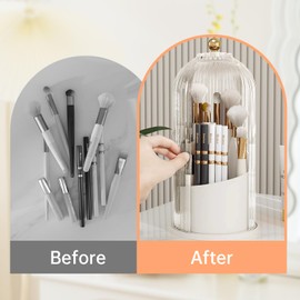 Makeup Brush Holder Organizer with Clear Lid, 360 Rotating Sliding Opening– Dustproof Cosmetic Brush Container Perfect for Vanity Dressing Table Bathroom(White Rotary Style)