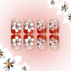 Flower Press On Nails Short Square Spring Fake Nails White Point Shiny Orange Floral Design False Nail French Tips Glossy Full Cover Acrylic Artificial Glue On Nails Reusable Nails For Women 24PCS