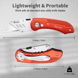 Folding Box Cutter Heavy Duty Utility Knife, Razor Knife, Lightweight Aluminum Handle, Back-lock Mechanism, Stainless Belt Clip, with 5-piece Extra SK5 Blades, for Carpet, Carton, Box, Cardboard Red