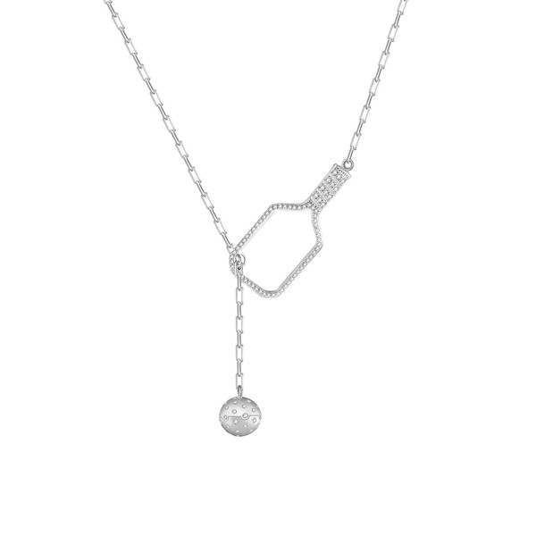 Pickleball Lariat Paddle Necklace - Rhodium Plated Over Sterling Silver Pickleball Necklace for Women | Pickleball Jewelry, Christmas Gifts for Pickleball Lovers, Sterling Silver, Cubic Zirconia