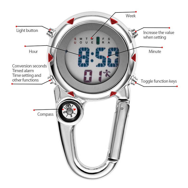 Multifunctional Luminous Clip On Carabiner Watch Mini Quartz Watch Compass