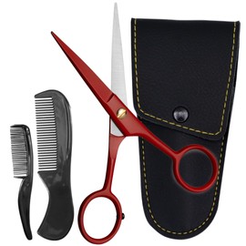 Ontaki 5" Professional German Beard & Mustache Scissors with 2 Comb & Carrying Pouch for Men - Bevel Edge for Precision - Facial Hair Grooming Kit All Body Hair - Black (True Red)