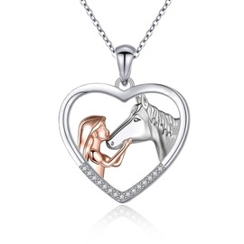 Girl and Horse Pendant Necklace for Women Horse Lover Birthday Christmas Gift for Daughter Granddaughter Rose Gold Heart Rhinestone Necklaces for Girls