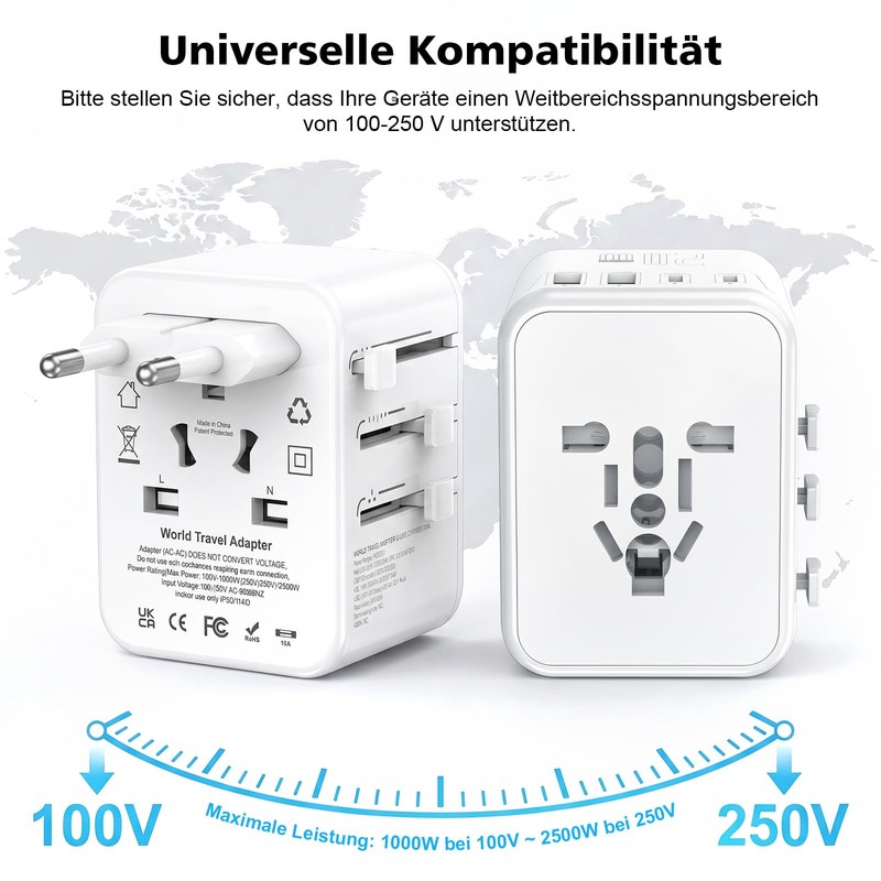 Refined Living Travel Adapter Worldwide, Universal Travel Plug with 2