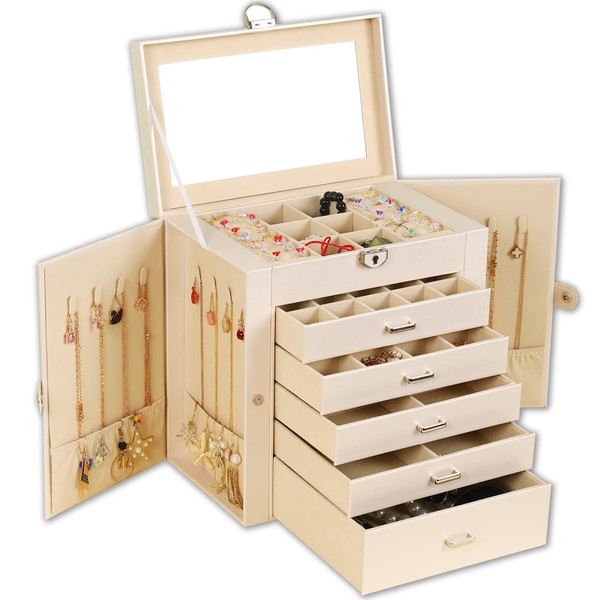 BOOVO Jewelry Box For women, 6 Layer Large Jewelry Organizer With Mirror, Multi-Function Storage Box With Lock, Accessory Holder With 5 Drawers, For Earrings Necklace Ring Bracelet (Pale gold)