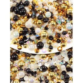 Rhinova 100g Mix Pearls and Rhinestones for Crafting, Sizes Range 3mm-10mm Pearl Beads for Bedazzler Rhinestones for Bedazzling Pearls for Crafting Sock Charms Nail Shoe Mugs (Ebon Gold Mix)